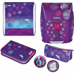 Schulbedarf Herlitz FiloLight Plus Sea Bubbles, Schulranzen (dunkelblau/violett, Inkl. Befülltem 16 Tlg. Schüleretui, Faulenzer Mäppchen, Sportbeutel)