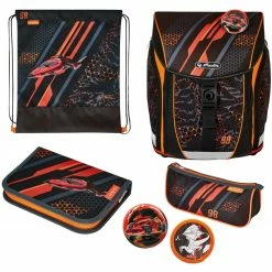 Schulbedarf Herlitz FiloLight Plus Speed, Schulranzen (schwarz/orange, Inkl. Befülltem 16 Tlg. Schüleretui, Faulenzer Mäppchen, Sportbeutel)