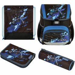 Schulbedarf Herlitz Loop Plus CamouCross, Schulranzen (schwarz/blau, Inkl. 16 Tlg. Schüleretui, Faulenzermäppchen, Sportbeutel)