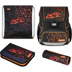 Schulbedarf Herlitz Loop Plus Mechanic, Schulranzen (schwarz/hellorange, Inkl. 16 Tlg. Schüleretui, Faulenzermäppchen, Sportbeutel)