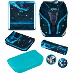 Schulbedarf Herlitz SoftLight Plus Space Boy, Schulranzen (dunkelblau/hellblau, Inkl. Befülltem 16 Tlg. Schüleretui, Faulenzermäppchen, Sportbeutel)