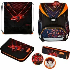Schulbedarf Herlitz UltraLight Plus Mechanic, Schulranzen (schwarz/orange, Inkl. 16 Tlg. Schüleretui, Faulenzermäppchen, Sportbeutel)