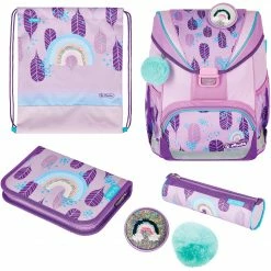 Schulbedarf Herlitz UltraLight Plus Rainbow Feathers, Schulranzen (pink/lila, Inkl. 16 Tlg. Schüleretui, Faulenzermäppchen, Sportbeutel)